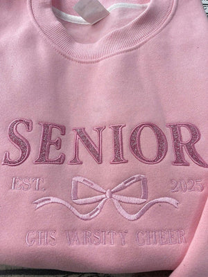 Embroidered Senior Bow Sweatshirt, Senior Coquette Bow Side Bow Applique Sweatshirt, Custom Grad Year Embroidered Bow Crewneck