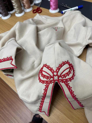 Custom Nana Est Embroidered Christmas Bow Embellished Shirt, Colorful Custom Side Bow Cut-Out Sweatshirt, Christmas Gift Hoodie