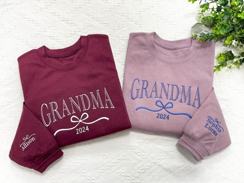 Personalized Grandma Sweatshirt, Embroidered Bow with Grandkids Names on Sleeve, Mothers Day Gift, Birthday Gift for Grandma, Christmas Gift