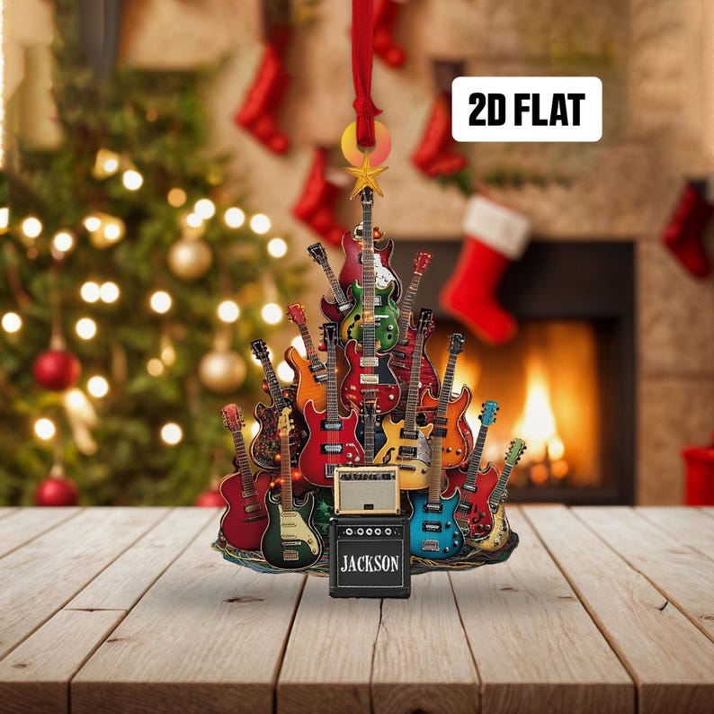 Personalized Electric Guitar 2D Flat Ornament, Guitar Christmas Ornament, Guitar Xmas Decor, Christmas Gift for Music Lovers, Guitar Players