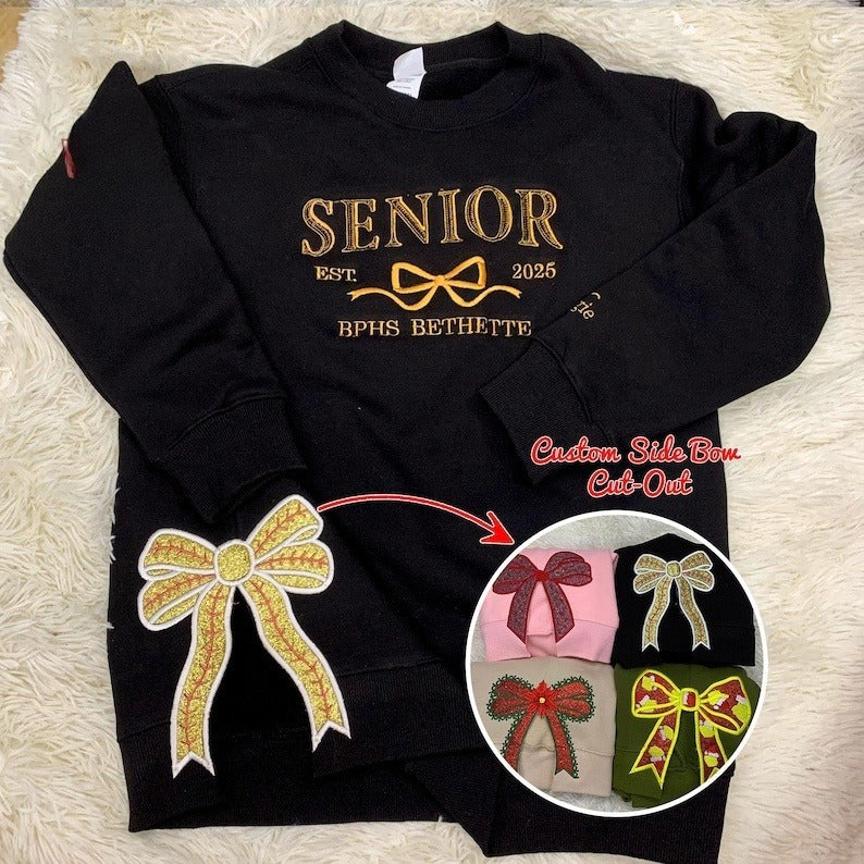 Senior Coquette Bow Embroidered Sweatshirt | Side Bow Applique Hoodie| Christmas Bow Sweatshirt | Glitter Christmas Sweatshirt