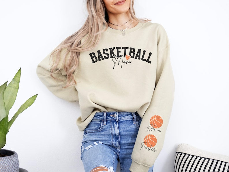 Mom Basketball Sweatshirt Custom Basketball Mama Sweatshirt Name on Sleeve Basketball Mom Sweatshirt Personalized Basketball Gift for Mom