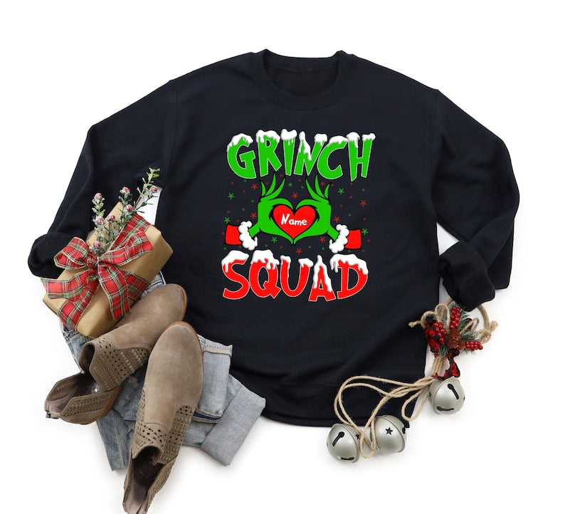 Custom Grinch Family T-shirt, Christmas Matching Grinch Squad Family sweatshirt, Personalized Grinch Hand Heart Shirt, trendy Shirt
