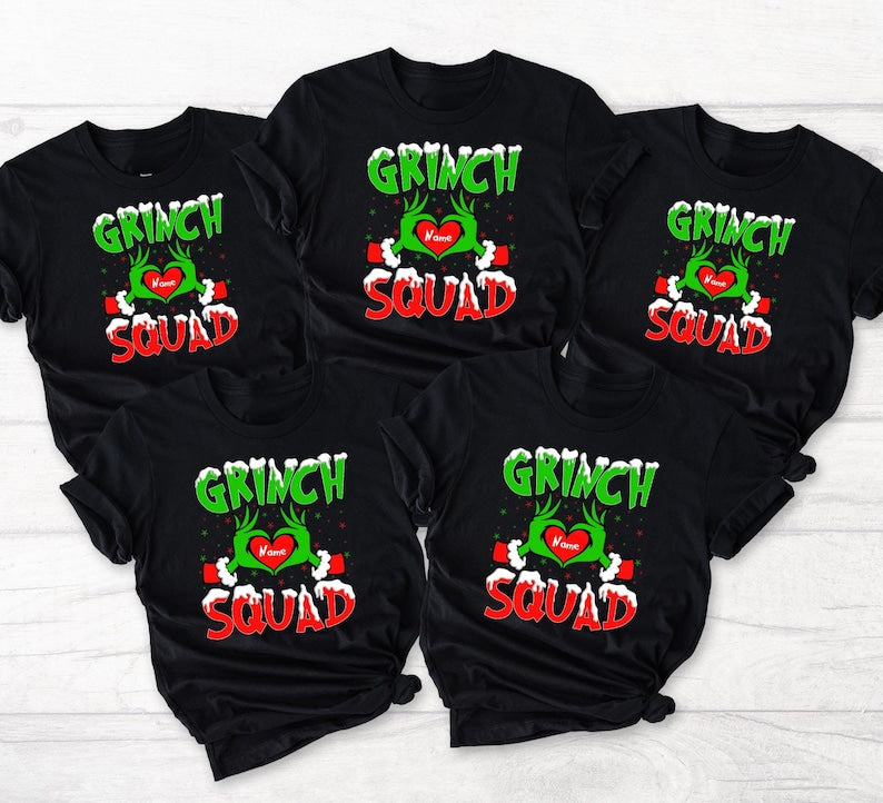 Custom Grinch Family T-shirt, Christmas Matching Grinch Squad Family sweatshirt, Personalized Grinch Hand Heart Shirt, trendy Shirt
