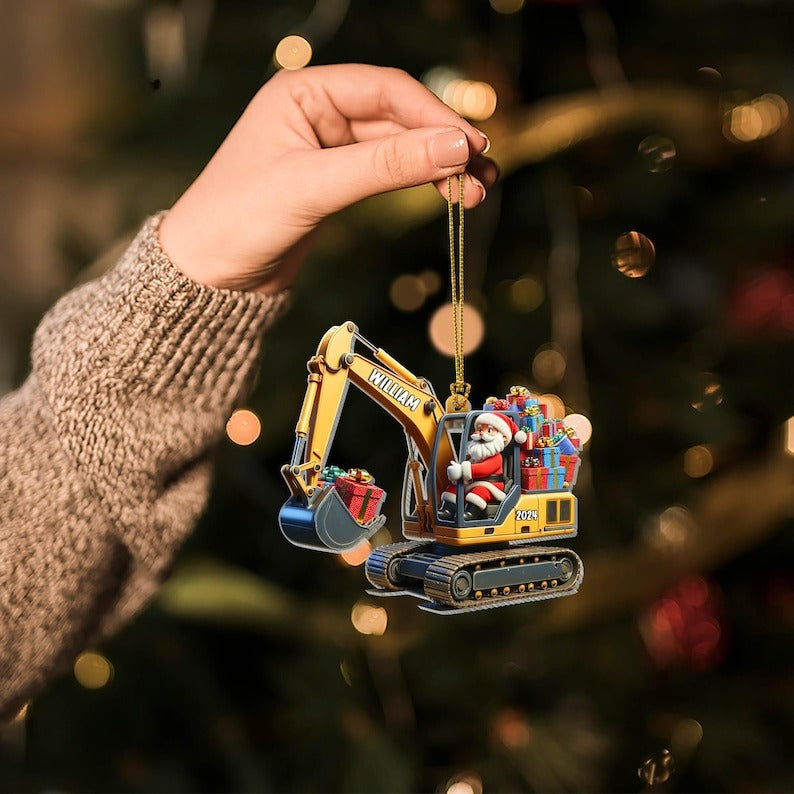Personalized Excavator 2D Flat Printed Acrylic Ornament Not 3D, Santa on The Excavator, Xmas Gift for Boys, Christmas Gifts For Kids
