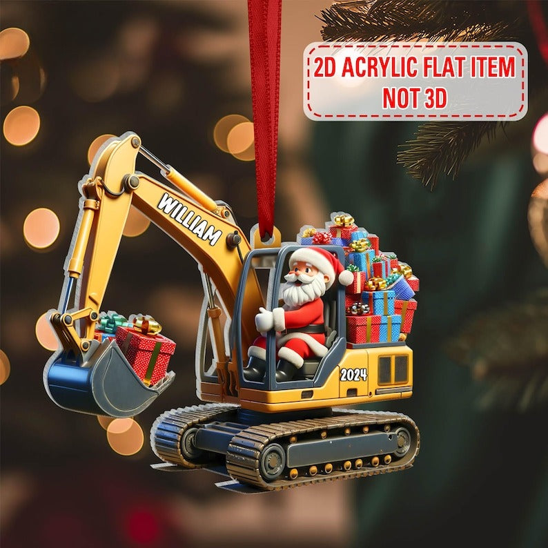 Personalized Excavator 2D Flat Printed Acrylic Ornament Not 3D, Santa on The Excavator, Xmas Gift for Boys, Christmas Gifts For Kids