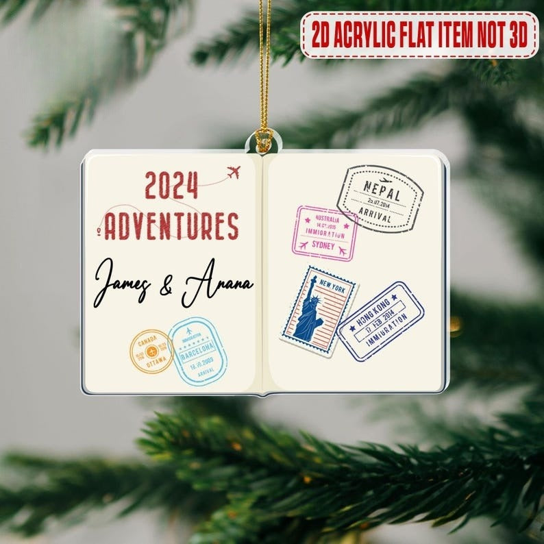 Personalized 2024 Travel Adventure Acrylic Ornament, Passport Travel Christmas Ornament, Travel Gift, Honeymoon Vacation Gift, Travel Lover