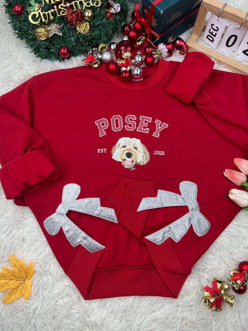 Custom Pet Face and Name Embroidered Sweatshirt From Photo, Embroidered Side Bow Sweatshirt, Est Hoodie, Dog Owner Gift Idea