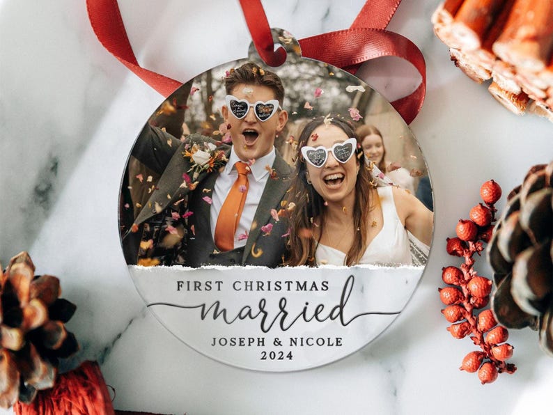 Personalised First Christmas Married Ornament 2024, Custom Photo Bauble for Newlyweds, Unique Wedding Keepsake Gift