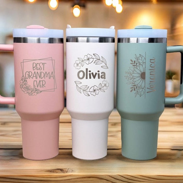 Personalized 40oz Tumbler with Handle &Straw, Custom Logo Tumbler, Laser Engraved Tumbler, Custom Name Tumbler, Company Logo, Christmas Gift