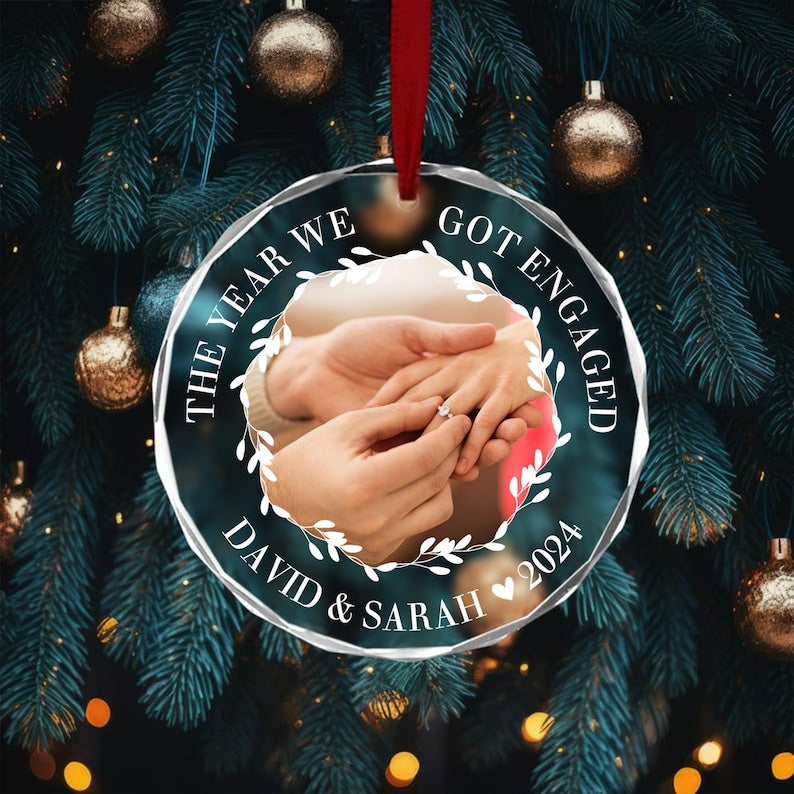 Personalized Just Engaged Photo Christmas Ornament,Year We Got Engaged Keepsake,Custom Photo 1st Xmas Engagement Ornaments Gifts For Couples