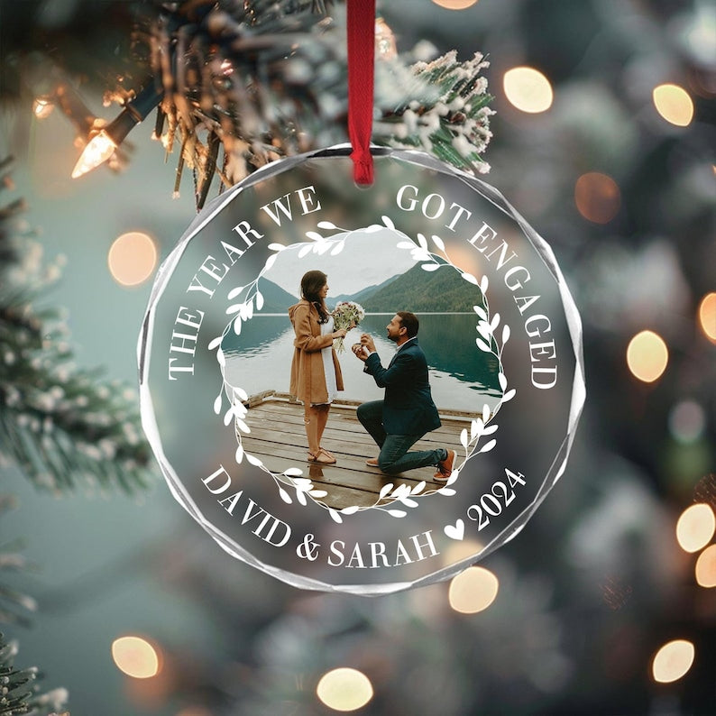 Personalized Just Engaged Photo Christmas Ornament,Year We Got Engaged Keepsake,Custom Photo 1st Xmas Engagement Ornaments Gifts For Couples
