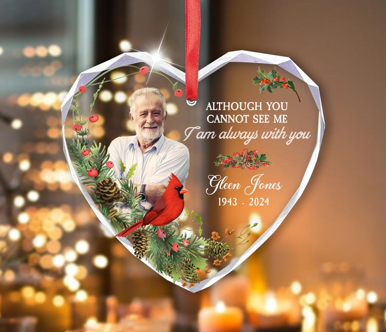Custom Photo Memorial Heart Glass Ornament, Dad Mom Memorial Christmas Ornament, Mom Loss Ornament, Loss of Father Gift, I'm Always With You