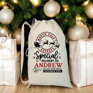 Santa Sack Personalized with Name, Gifts For Kids, Custom Christmas Gift for Kids, Personalized Christmas Sack with Strap Drawstring Closure