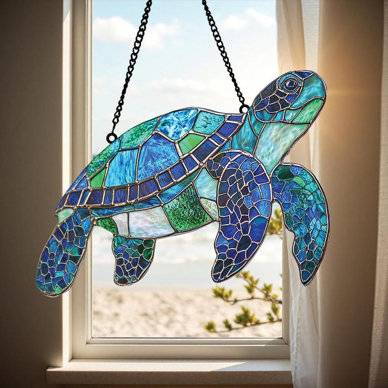 Sea Turtle Acrylic Window Hanging, Turtle Acrylic Suncatcher, Perfect Turtle Ornament and Home Decor for Turtle Lovers Beach Lovers