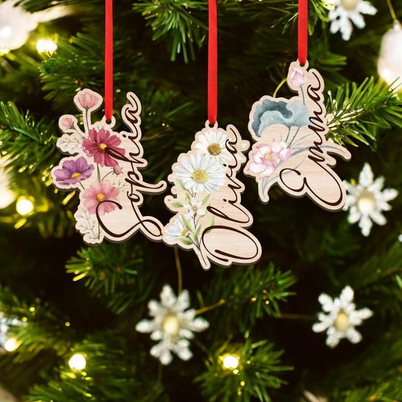 Personalized Birth Flower Ornament For Sister, Custom Different Flowers From The Same Garden, Custom Name With Birth Month Flower