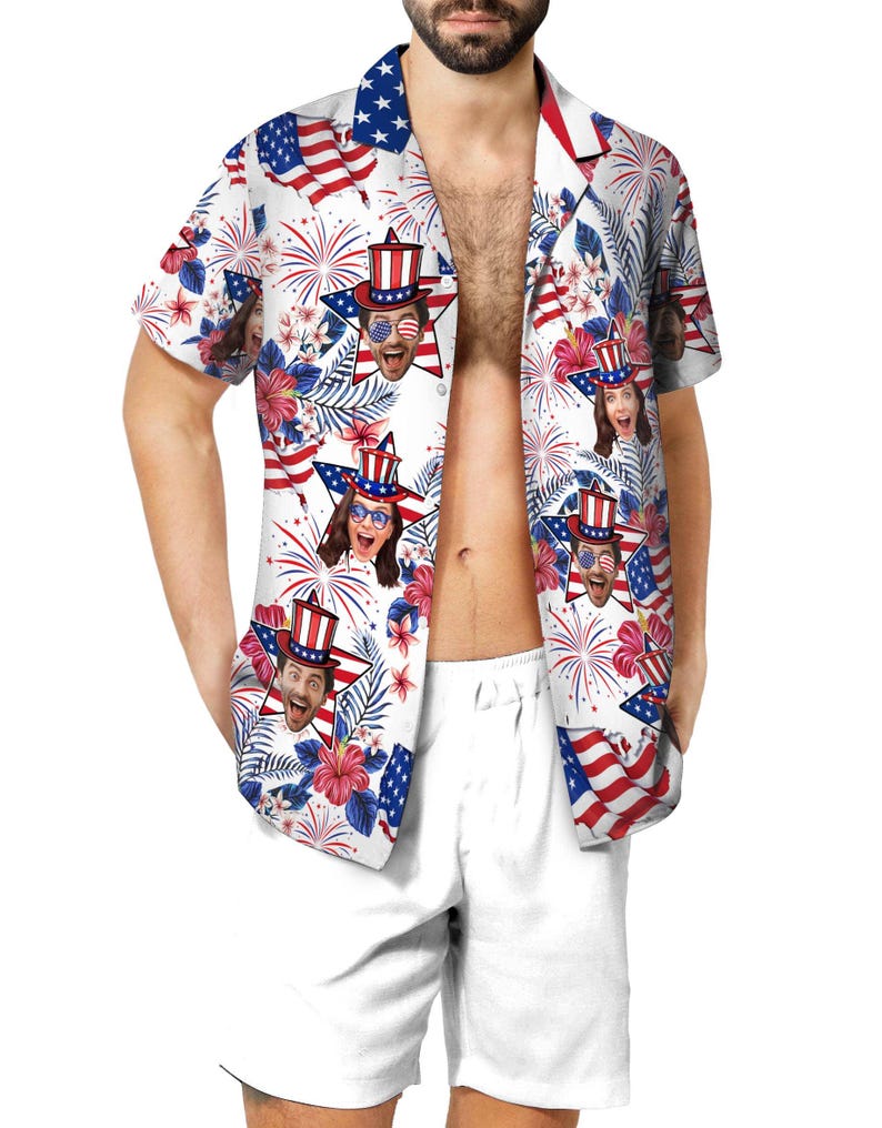 Custom Hawaiian Shirt With Face, Customized Funny 4th Of July Mens and Womens Shirts, Personalized American Flag Shirt, Custom USA Shirt