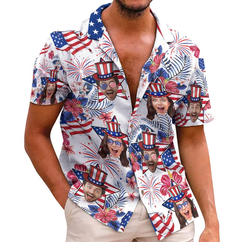 Custom Hawaiian Shirt With Face, Customized Funny 4th Of July Mens and Womens Shirts, Personalized American Flag Shirt, Custom USA Shirt