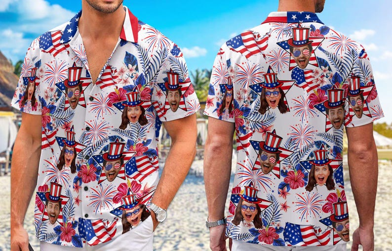 Custom Hawaiian Shirt With Face, Customized Funny 4th Of July Mens and Womens Shirts, Personalized American Flag Shirt, Custom USA Shirt
