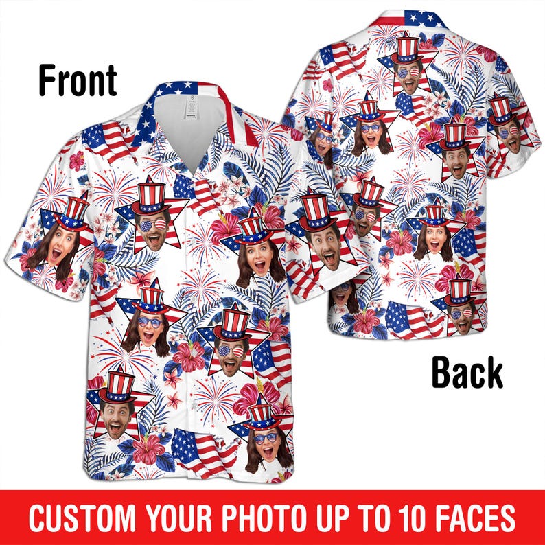 Custom Hawaiian Shirt With Face, Customized Funny 4th Of July Mens and Womens Shirts, Personalized American Flag Shirt, Custom USA Shirt