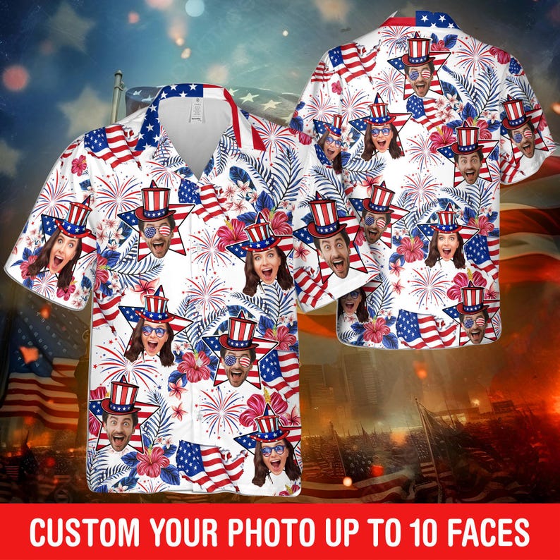 Custom Hawaiian Shirt With Face, Customized Funny 4th Of July Mens and Womens Shirts, Personalized American Flag Shirt, Custom USA Shirt