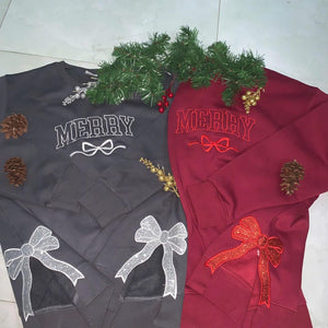 Merry Side Bow Sweatshirt, Embroidery Bow Cut-out Holiday Sweatshirt, Trendy Coquette Bow