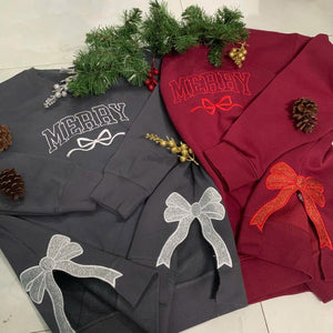 Merry Side Bow Sweatshirt, Embroidery Bow Cut-out Holiday Sweatshirt, Trendy Coquette Bow