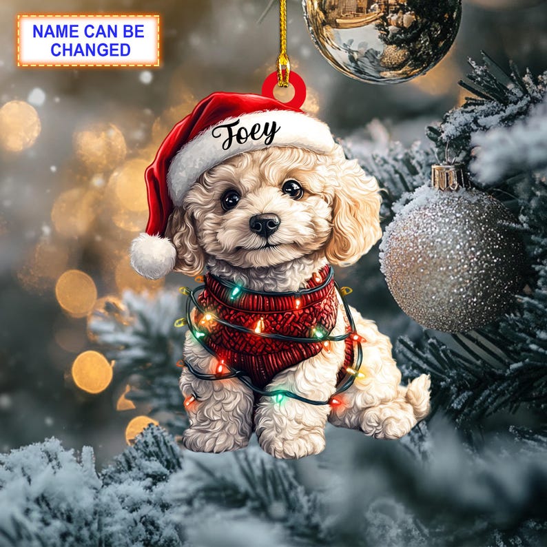 Custom Name Cute Sitting Poodle Dog with Santa Hat Christmas Lights Ornament, Christmas Tree Hanging Decor, Christmas Flat 2D Ornament