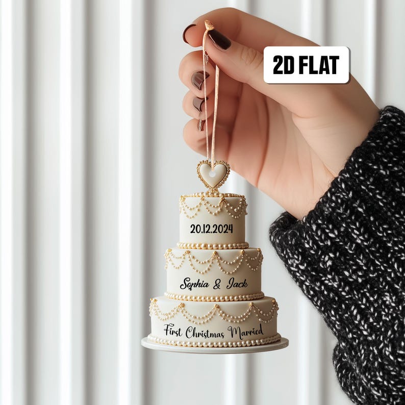 Personalized Wedding Cake 2D Flat Ornament, Custom Name Ornament, First Christmas Married Ornament, Mr Mrs Ornament, Gift for Him, Her