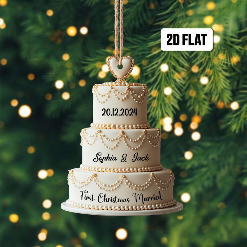 Personalized Wedding Cake 2D Flat Ornament, Custom Name Ornament, First Christmas Married Ornament, Mr Mrs Ornament, Gift for Him, Her