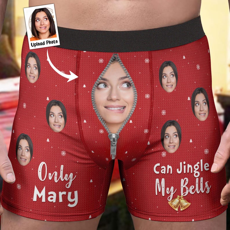 Personalized Photo Men's Boxer Briefs, Only Wife Can Jingle My Bells, Funny Underwear With Face, Photo Boxers, Christmas Gift for Him