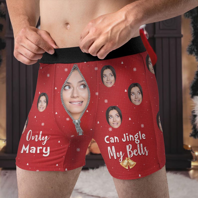 Personalized Photo Men's Boxer Briefs, Only Wife Can Jingle My Bells, Funny Underwear With Face, Photo Boxers, Christmas Gift for Him