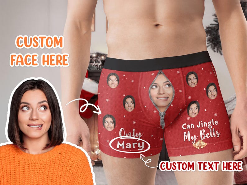Personalized Photo Men's Boxer Briefs, Only Wife Can Jingle My Bells, Funny Underwear With Face, Photo Boxers, Christmas Gift for Him
