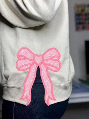 Bow Christmas Tree Side Bow Cut-Out Embroidery Sweatshirt, Custom Merry Side Bow Cut-Out Sweatshirt With Glitter, Trendy Coquette Bow