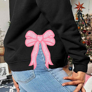 Bow Christmas Tree Side Bow Cut-Out Embroidery Sweatshirt, Custom Merry Side Bow Cut-Out Sweatshirt With Glitter, Trendy Coquette Bow