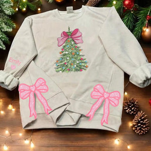 Bow Christmas Tree Side Bow Cut-Out Embroidery Sweatshirt, Custom Merry Side Bow Cut-Out Sweatshirt With Glitter, Trendy Coquette Bow