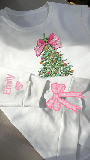 Bow Christmas Tree Side Bow Cut-Out Embroidery Sweatshirt, Custom Merry Side Bow Cut-Out Sweatshirt With Glitter, Trendy Coquette Bow