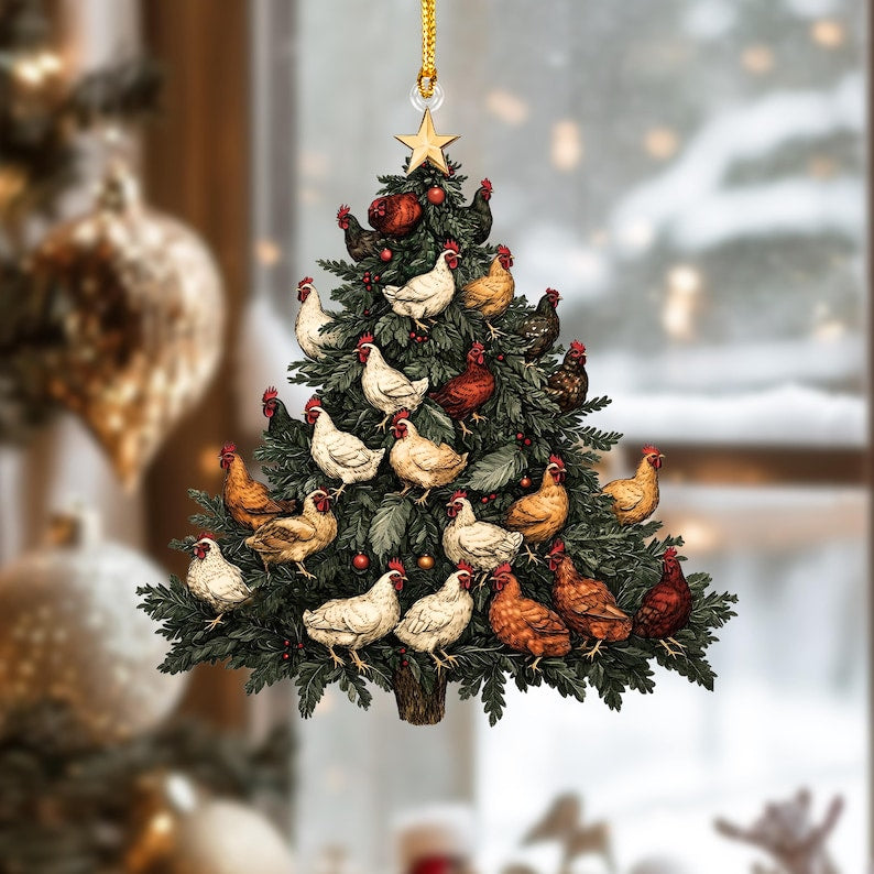 Christmas Chicken Tree Suncatcher Ornament, Christmas Tree Chicken Acrylic Window Hanging Art Decor, Xmas Farmhouse Decor for Chicken Lover