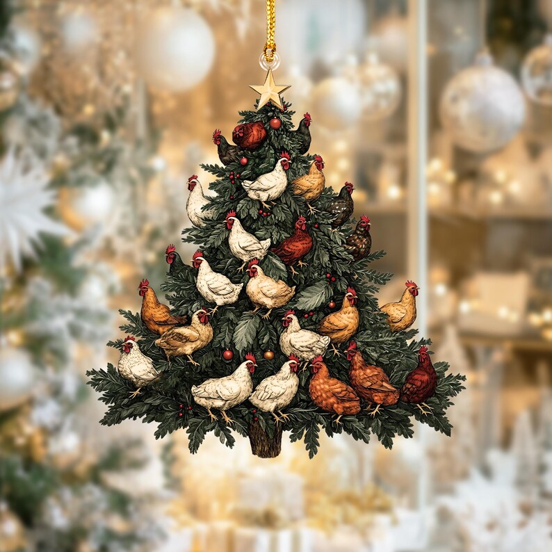 Christmas Chicken Tree Suncatcher Ornament, Christmas Tree Chicken Acrylic Window Hanging Art Decor, Xmas Farmhouse Decor for Chicken Lover