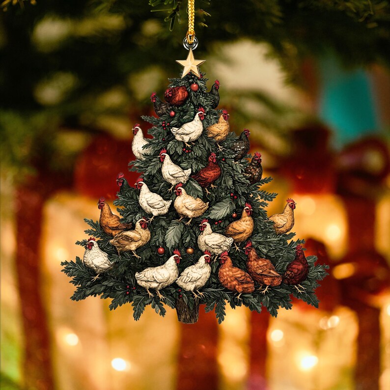 Christmas Chicken Tree Suncatcher Ornament, Christmas Tree Chicken Acrylic Window Hanging Art Decor, Xmas Farmhouse Decor for Chicken Lover