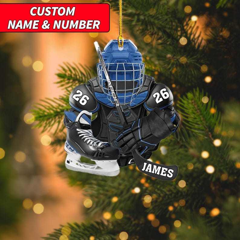 Personalized Hockey Christmas Ornament, Hockey Skates Helmet and Stick, Hockey Player Ornament, Hockey Ornaments, Gift for Hockey Lovers