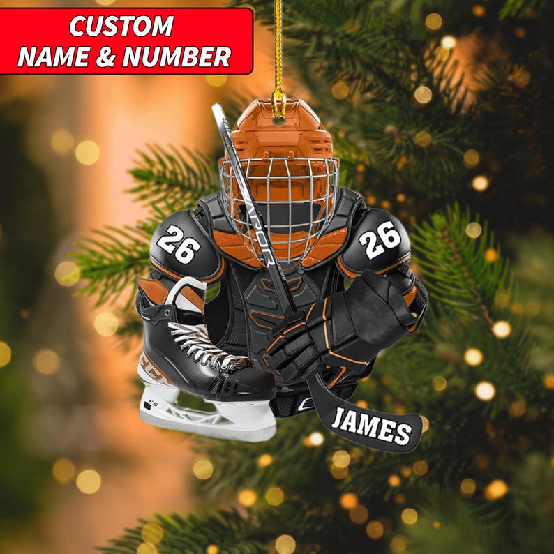 Personalized Hockey Christmas Ornament, Hockey Skates Helmet and Stick, Hockey Player Ornament, Hockey Ornaments, Gift for Hockey Lovers