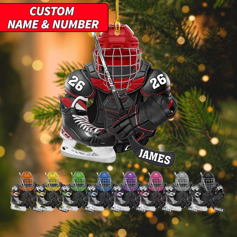 Personalized Hockey Christmas Ornament, Hockey Skates Helmet and Stick, Hockey Player Ornament, Hockey Ornaments, Gift for Hockey Lovers
