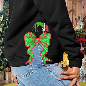 Personalized Merry Grinchmas Side Bow Sweatshirt, Custom Bow Applique Embroidery Sweatshirt, Greench Bow Embroidery Design, Greench Family Gift, Christmas Gift