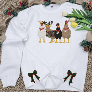 Side Bow Applique Embroidered Sweatshirt, Embroidered Chicken Sweatshirt, Christmas Bow Embellished Sweatshirt, Side Bow Cut-Out Sweatshirt