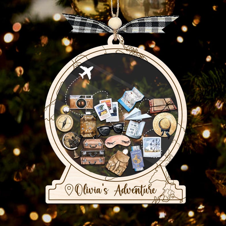 Travel Adventure Shake Ornament, Our Adventure Awaits Personalized 2025 Keepsake, Road Trip Vacation Wooden Gift