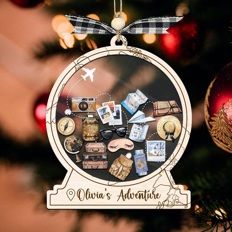 Travel Adventure Shake Ornament, Our Adventure Awaits Personalized 2025 Keepsake, Road Trip Vacation Wooden Gift