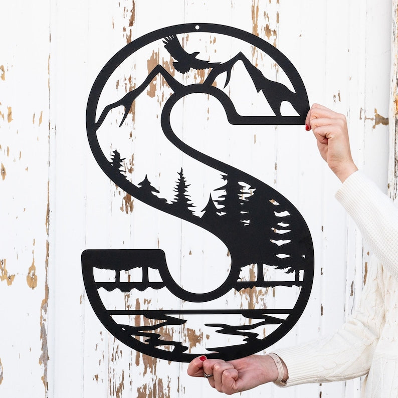 Metal Letter Outdoor Monogram, Mountain Wall Decor, Nature Wall Art, Cabin Decor, Camper Decor, Custom Home Decor Personalized Monogram Gift
