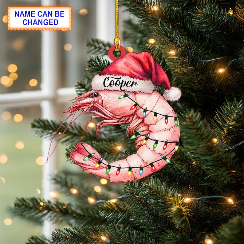 Custom Name Shrimp with Christmas Lights Personalized Ornament, Christmas Tree Hanging Decor, Christmas Ornament, Flat 2D Ornament