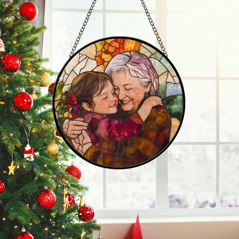 Personalized Grandma And Grandkids Portrait Faux Stained Glass, Custom Photo Family Window Hanging Ornament, Christmas Gift For Mom, Grandma